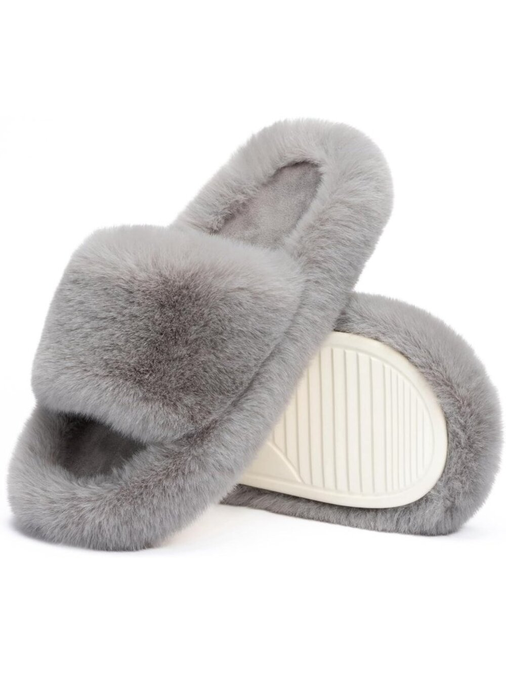 〽️Women's Grey Memory Foam House Bedroom Fuzzy Comfy Faux Fur Lined Slide Shoes
